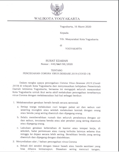 Surat Edaran  Waliota Yogyakarta Tentang Pencegahan COVID-19