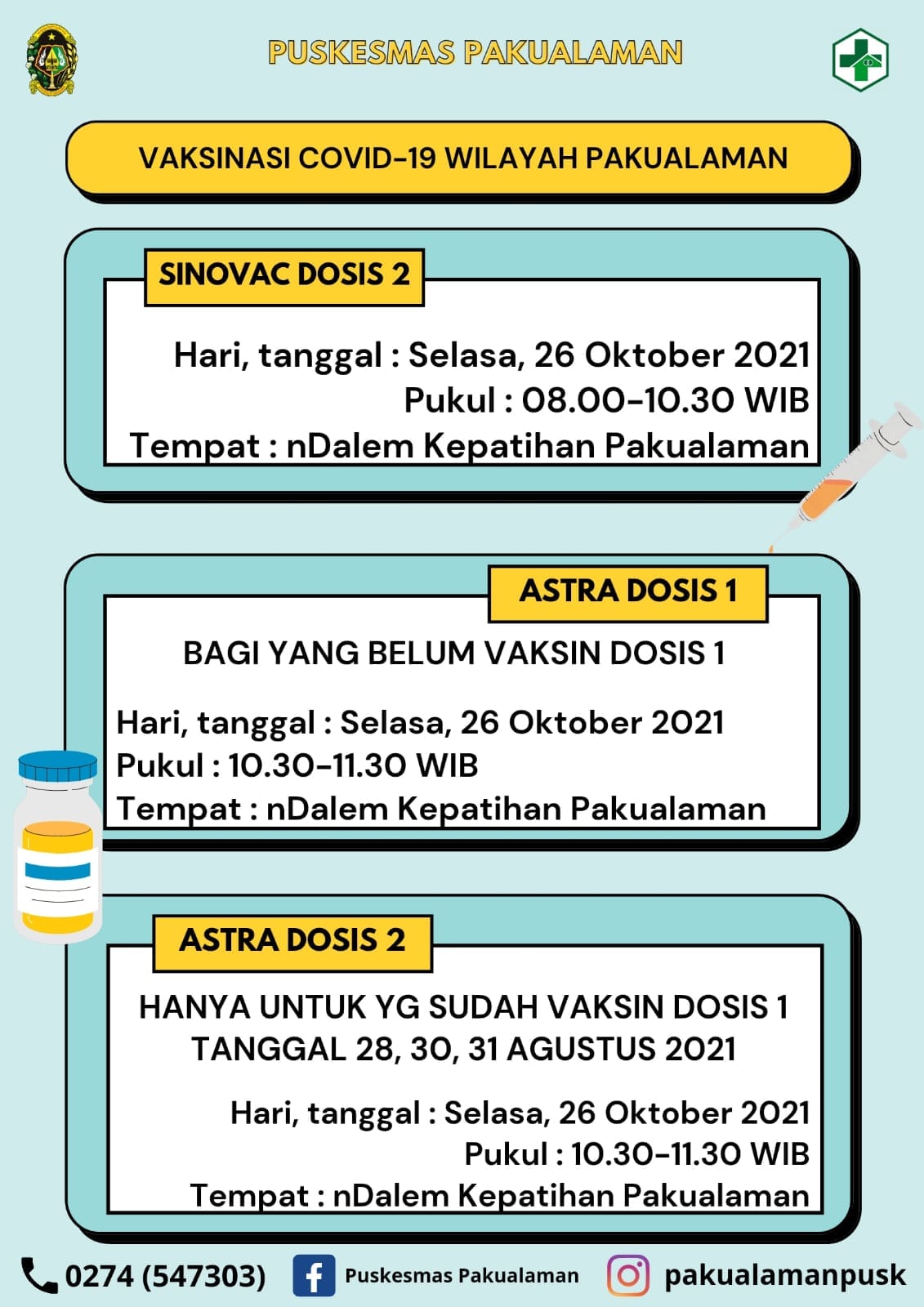 Informasi vaksinasi Covid 19 Dosis 1 Astra , Dosis 2 Sinovac dan Dosis 2 Astra di wilayah Kemantren Pakualaman 26 Oktober 2021